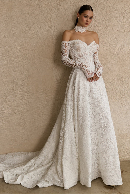 Off-the-Shoulder Lace A-Line Wedding Dress with Corset