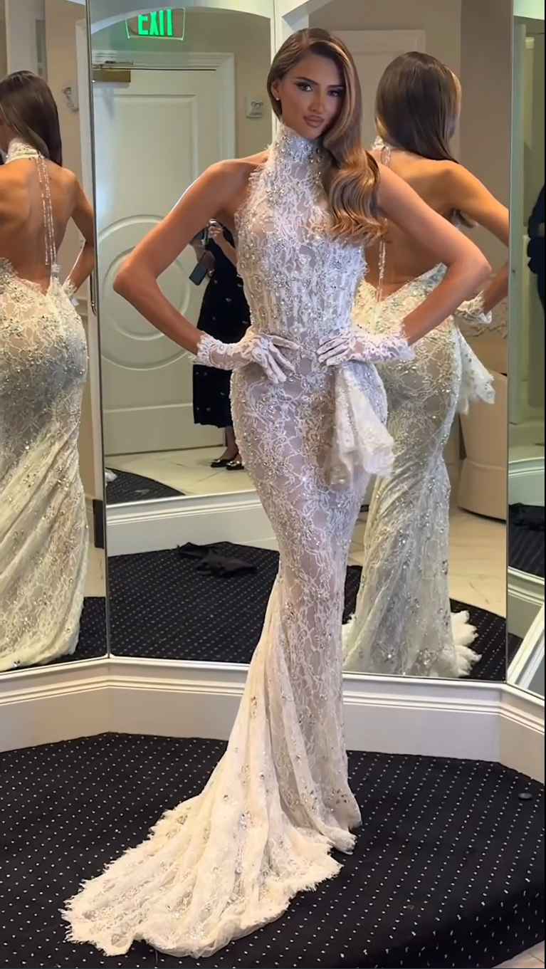 High Neck Beaded Lace Mermaid Gown