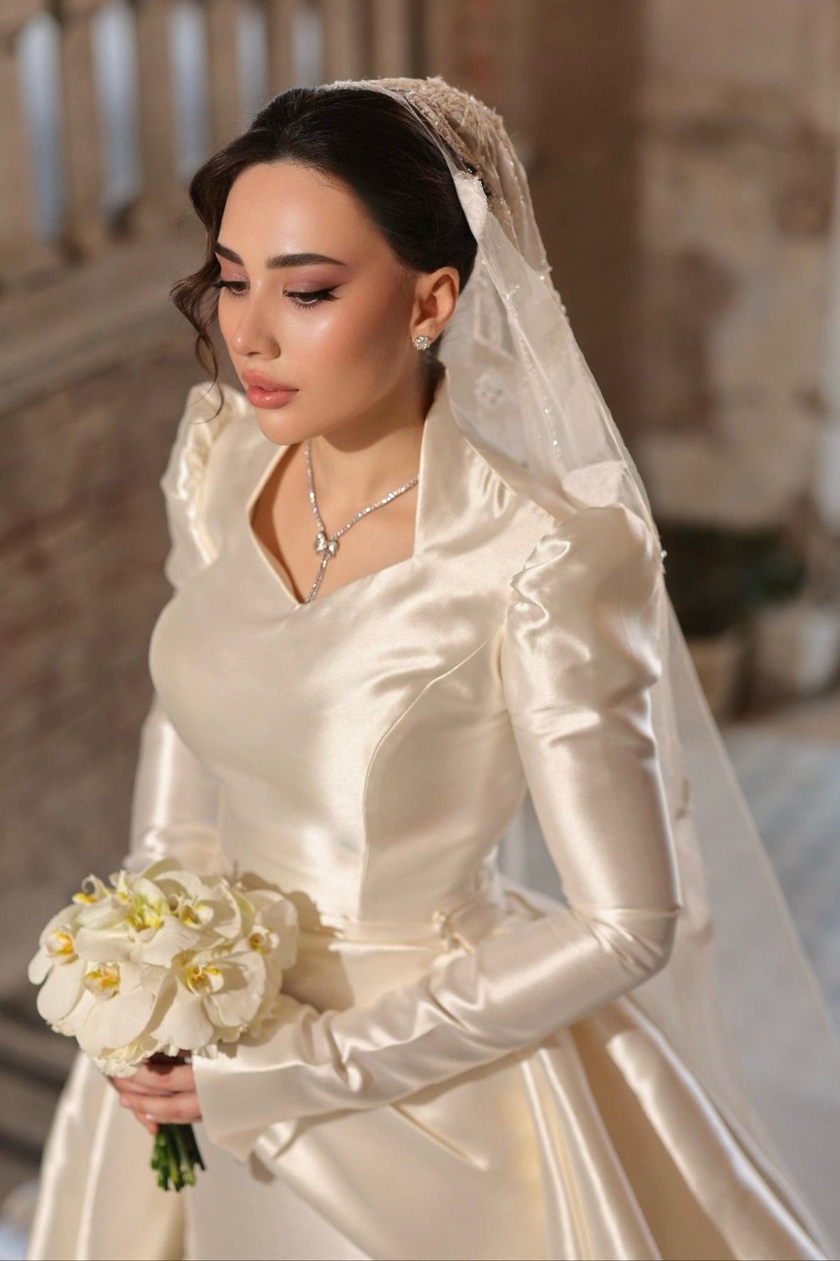 Long Sleeve Satin Wedding Dress with Stand Collar