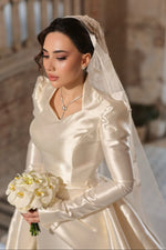 Long Sleeve Satin Wedding Dress with Stand Collar
