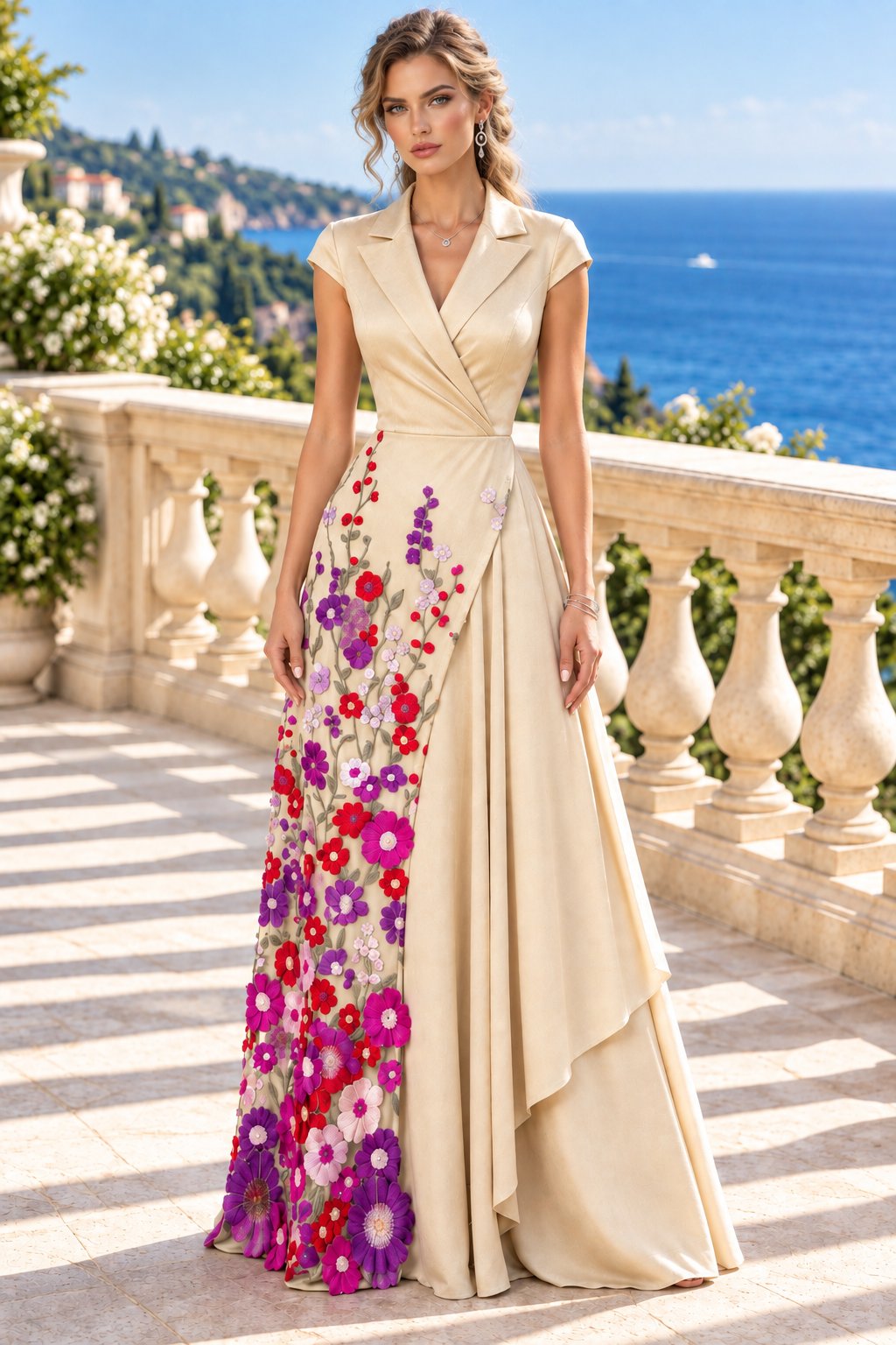 Collared Wrap A-Line Gown with Floral Embroidery