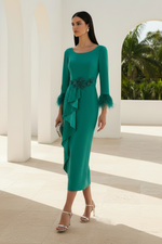 Feather Cuff Crepe Midi Dress with Cascading Ruffle