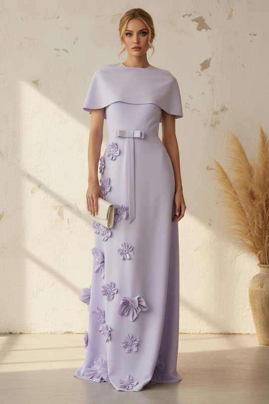 Elegant Lilac Crepe Cape Dress with 3D Floral Appliqués