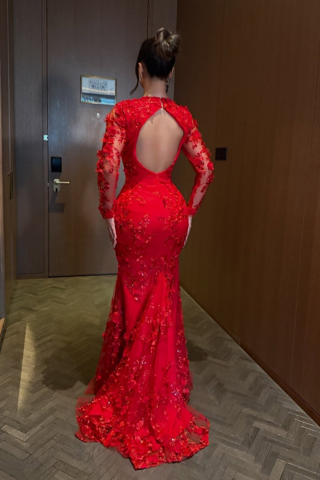 Floral Lace Applique Long Sleeve Mermaid Evening Gown