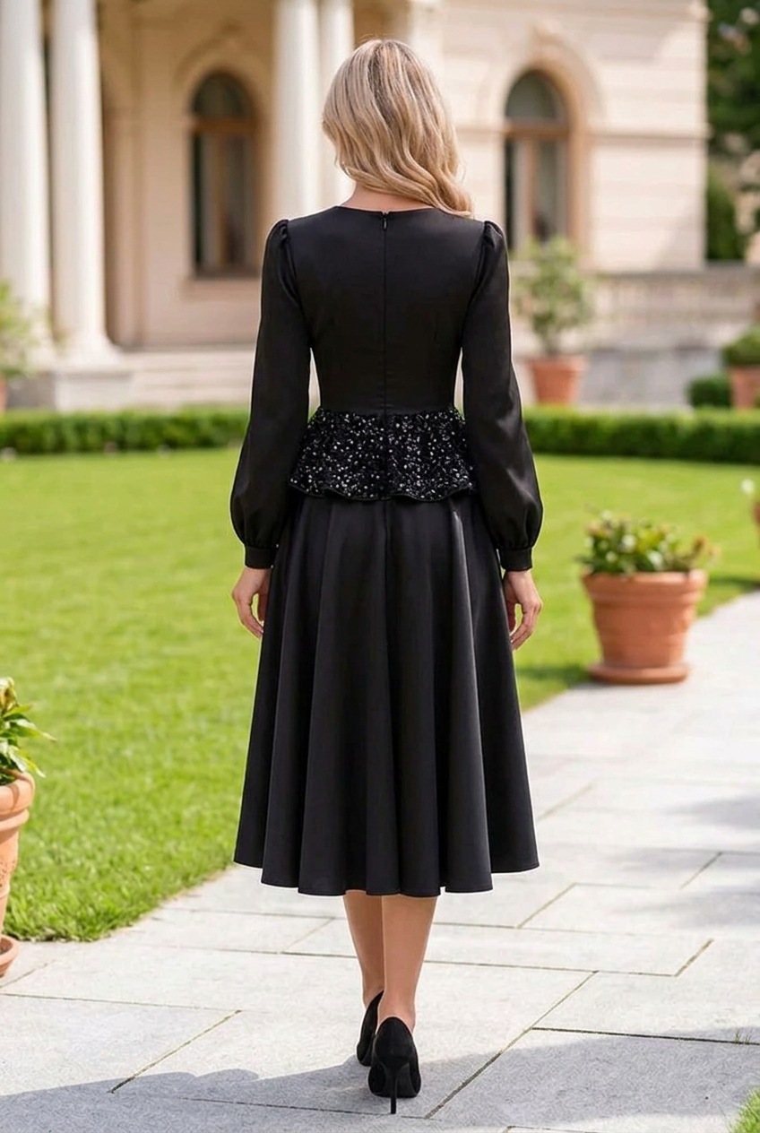 A-Line Midi Dress with Embellished Peplum