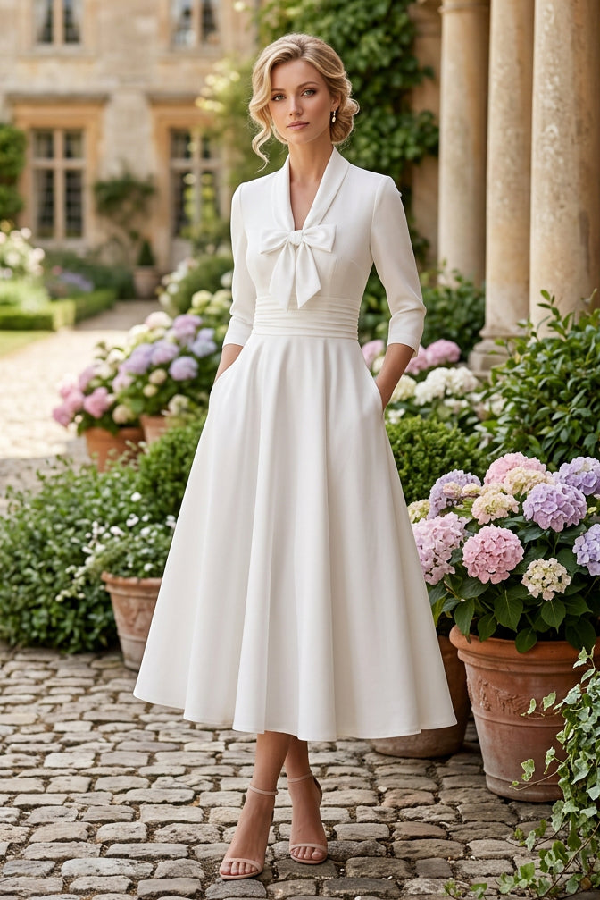 Bow Neck Midi A-Line Dress with Pockets