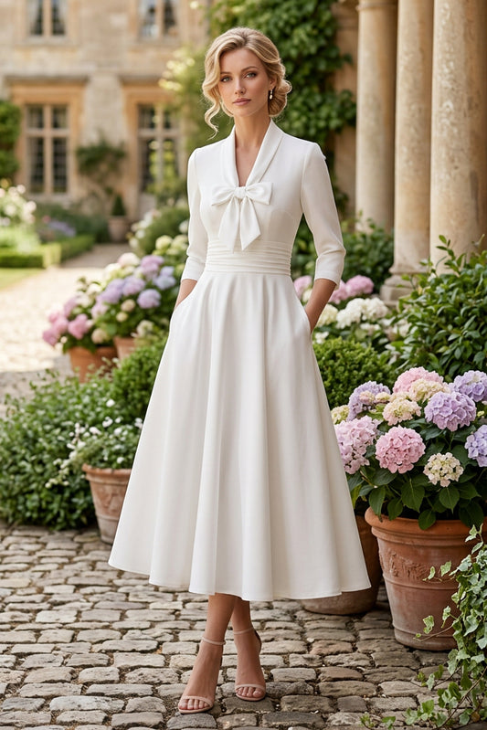 Bow Neck Midi A-Line Dress with Pockets