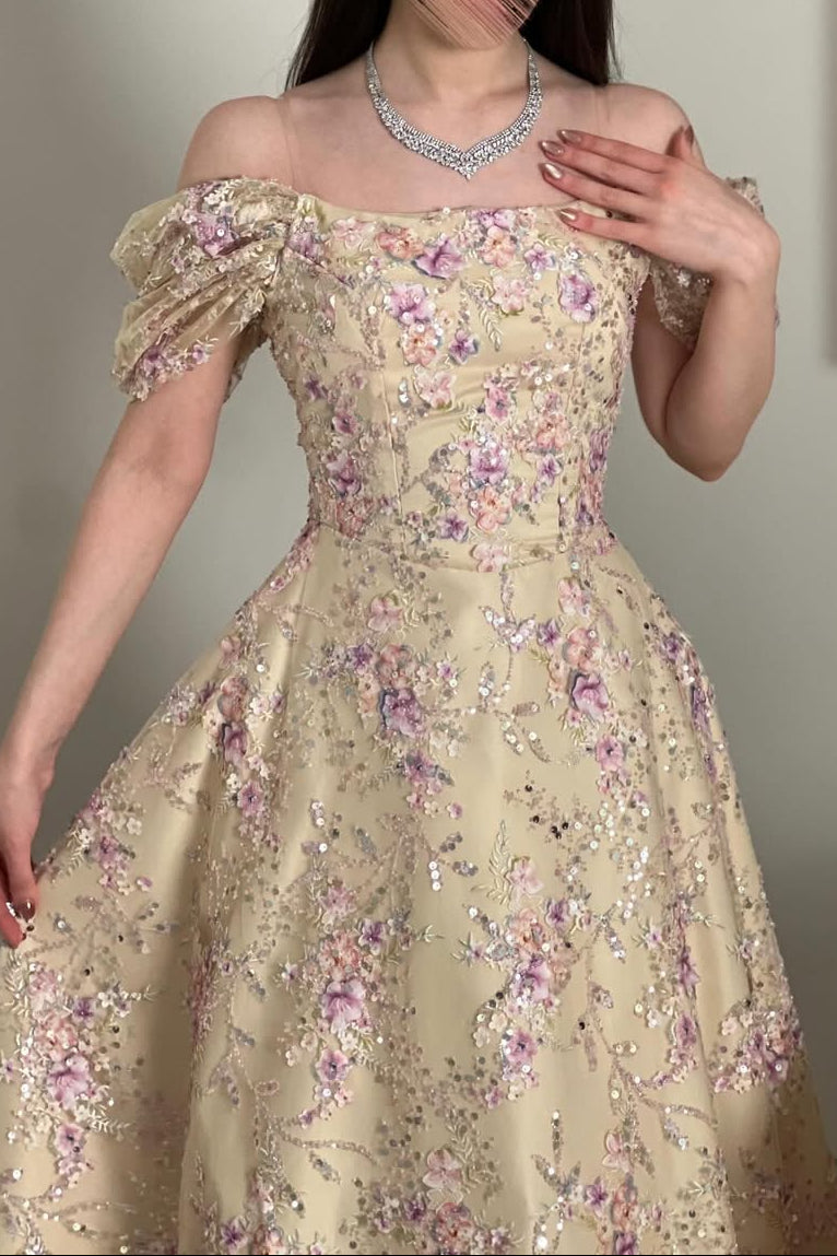 Floral Embroidered Off-Shoulder Ball Gown