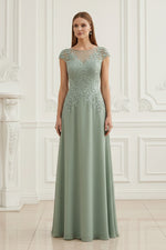Embroidered A-Line Chiffon Gown with Cap Sleeves