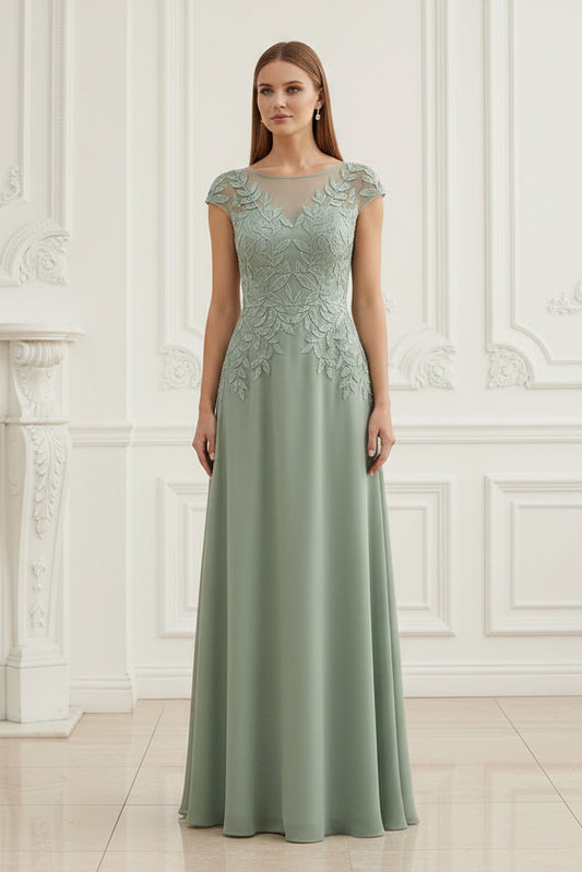 Embroidered A-Line Chiffon Gown with Cap Sleeves