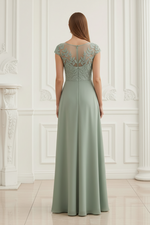 Embroidered A-Line Chiffon Gown with Cap Sleeves