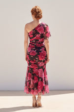 Floral One-Shoulder Ruched Mermaid Midi Dress