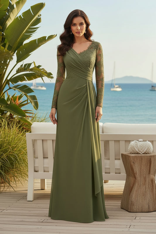 Illusion Lace Long Sleeve Wrap V-Neck Evening Gown