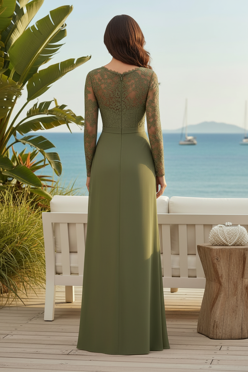 Illusion Lace Long Sleeve Wrap V-Neck Evening Gown