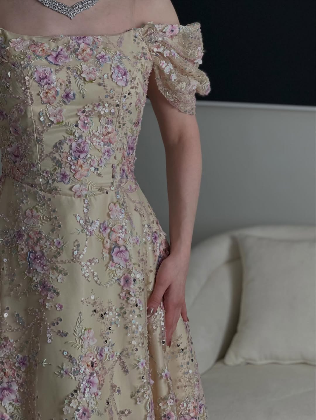 Floral Embroidered Off-Shoulder Ball Gown