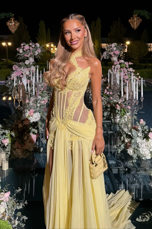 One Shoulder Illusion Corset Evening Gown