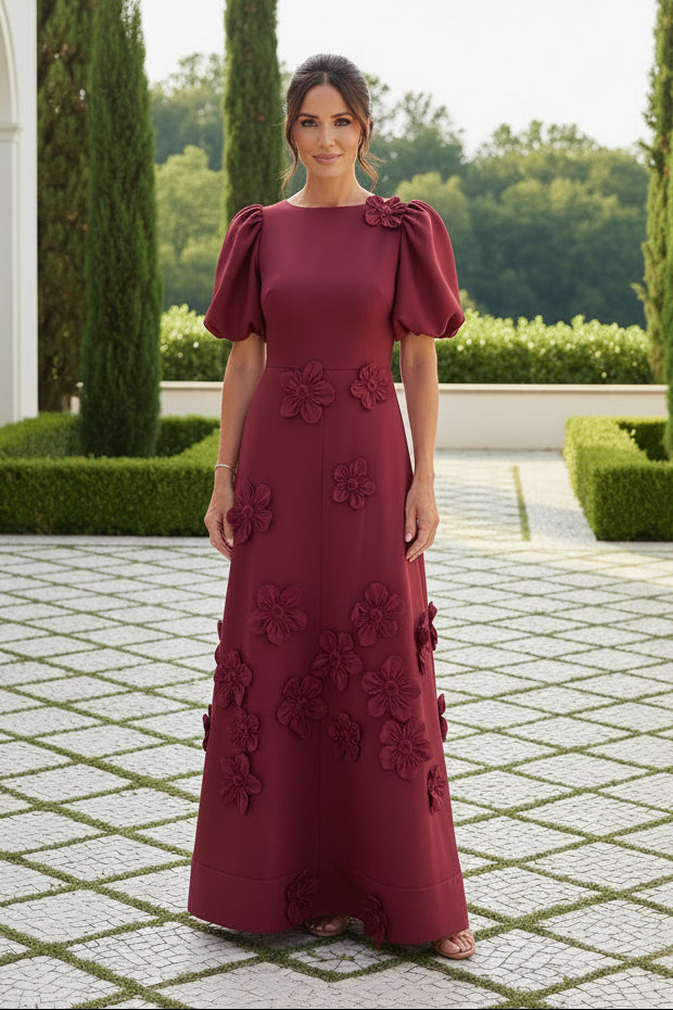 3D Floral Maxi Dress with Puff Sleeves