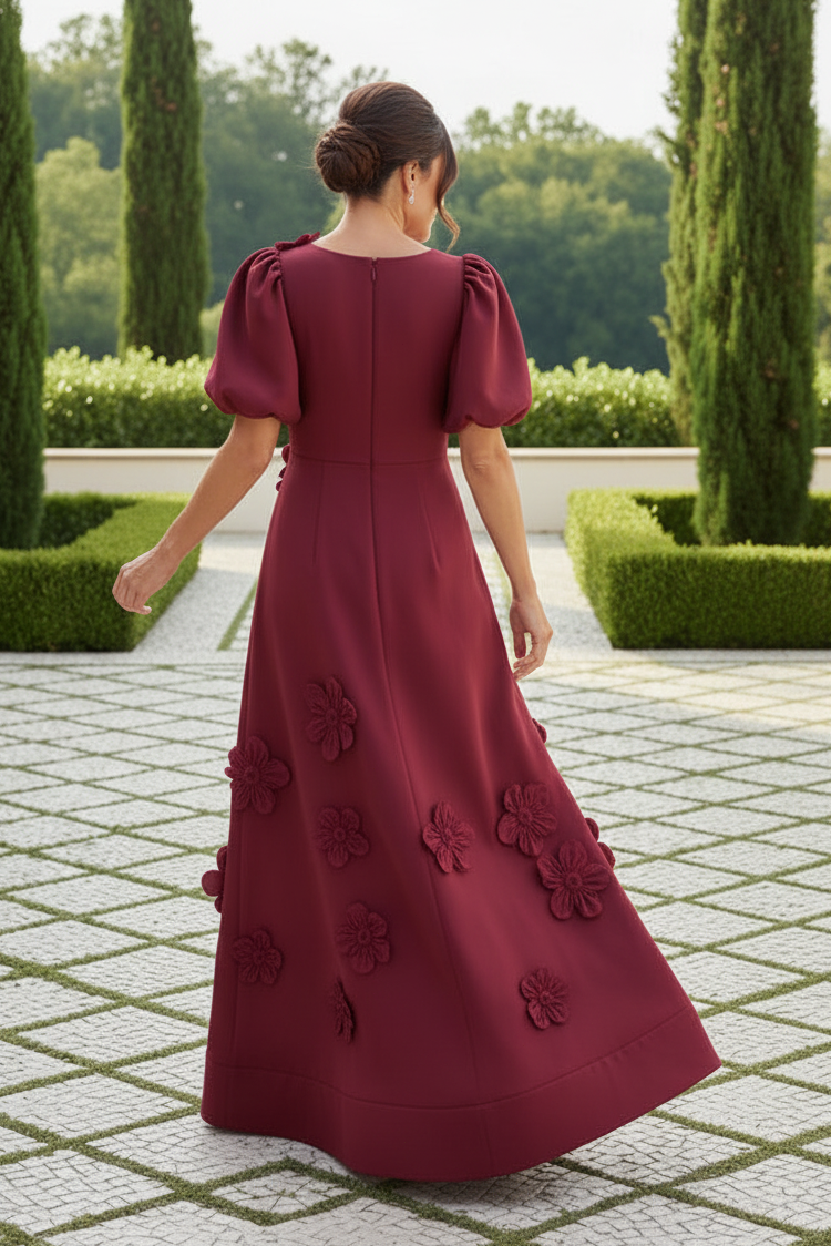 3D Floral Maxi Dress with Puff Sleeves