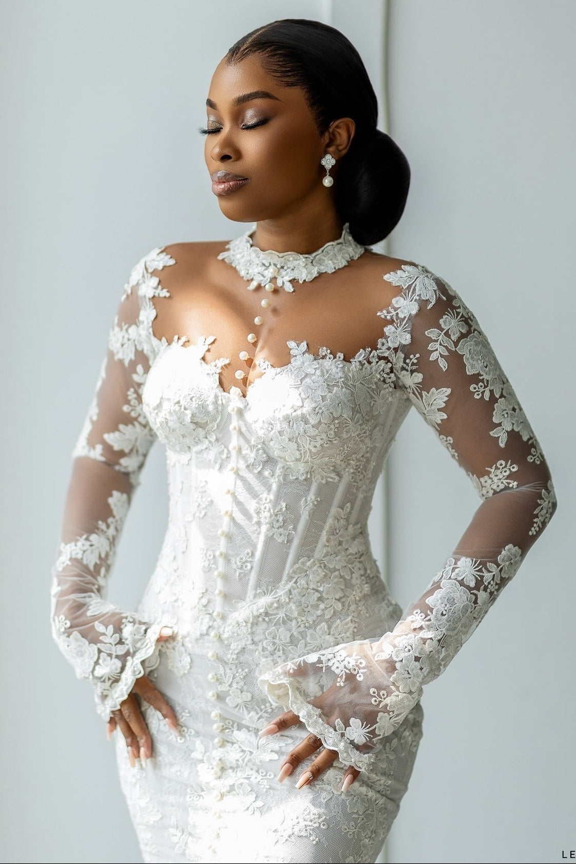 Mock Neck Lace Mermaid Wedding Dress with Long Sleeves