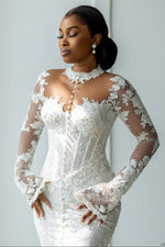 Mock Neck Lace Mermaid Wedding Dress with Long Sleeves