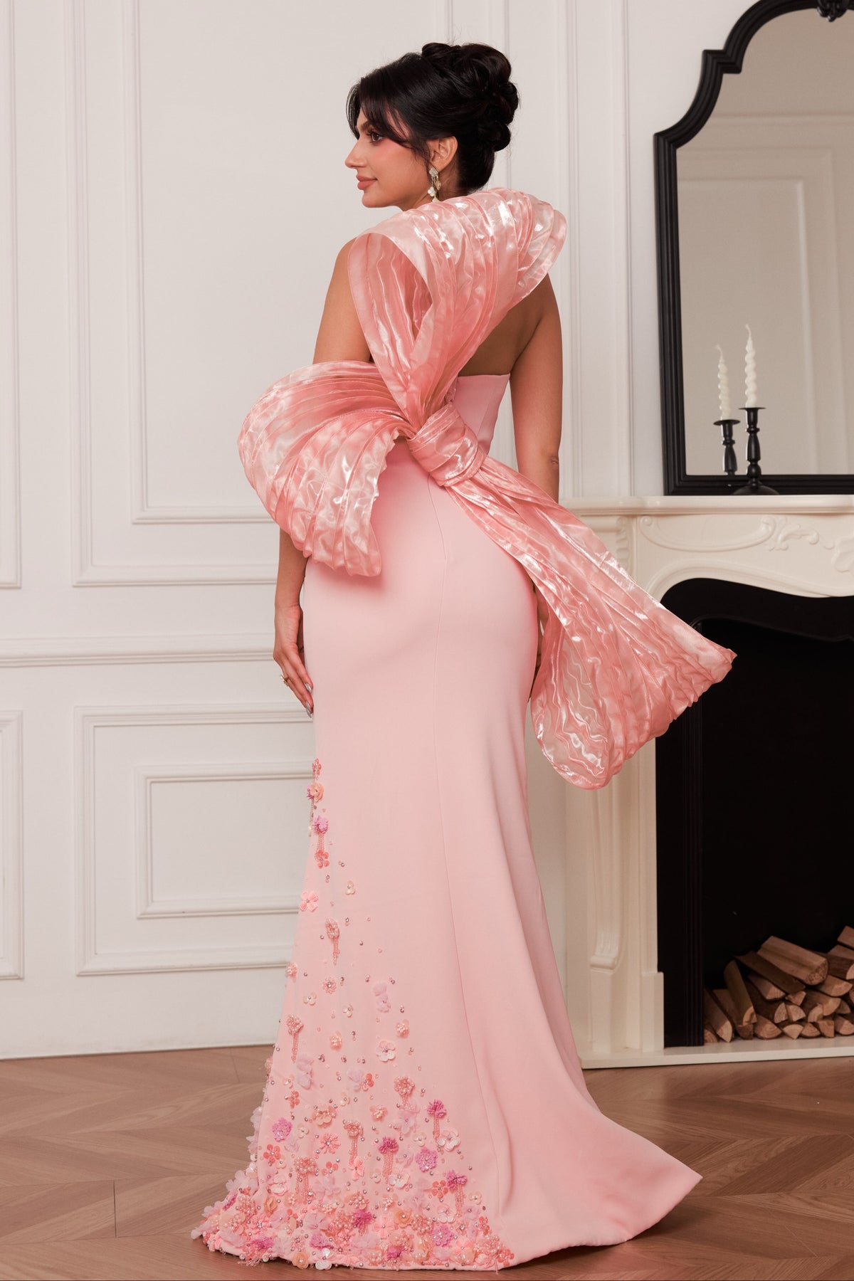 Strapless Floral Applique Gown with Oversized Bow