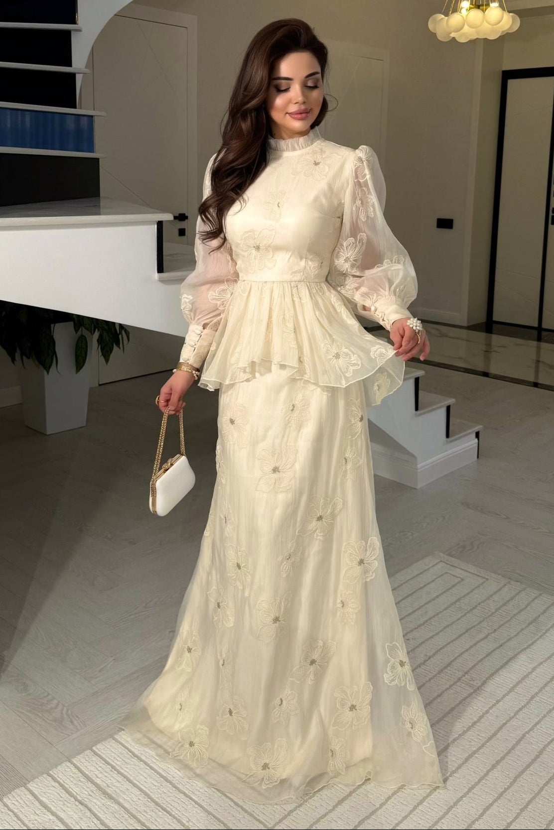 Floral Embroidered High-Neck Bishop Sleeve Gown