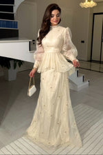 Floral Embroidered High-Neck Bishop Sleeve Gown