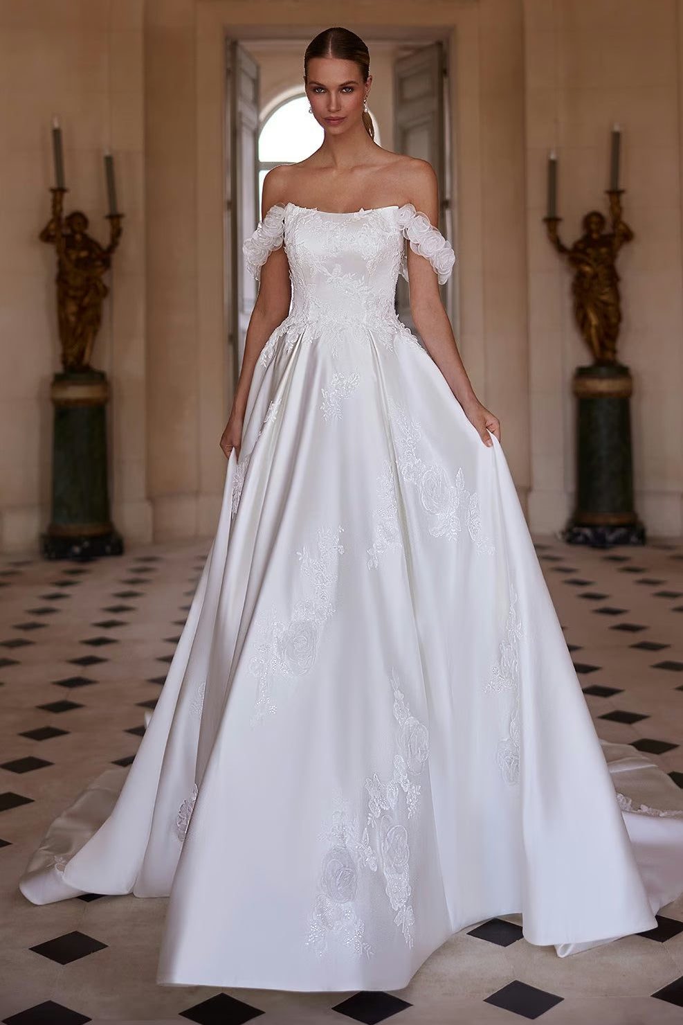 Off-the-Shoulder Satin Ball Gown Wedding Dress