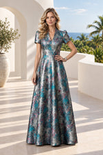 Floral Jacquard A-Line Gown with Mandarin V-Neck