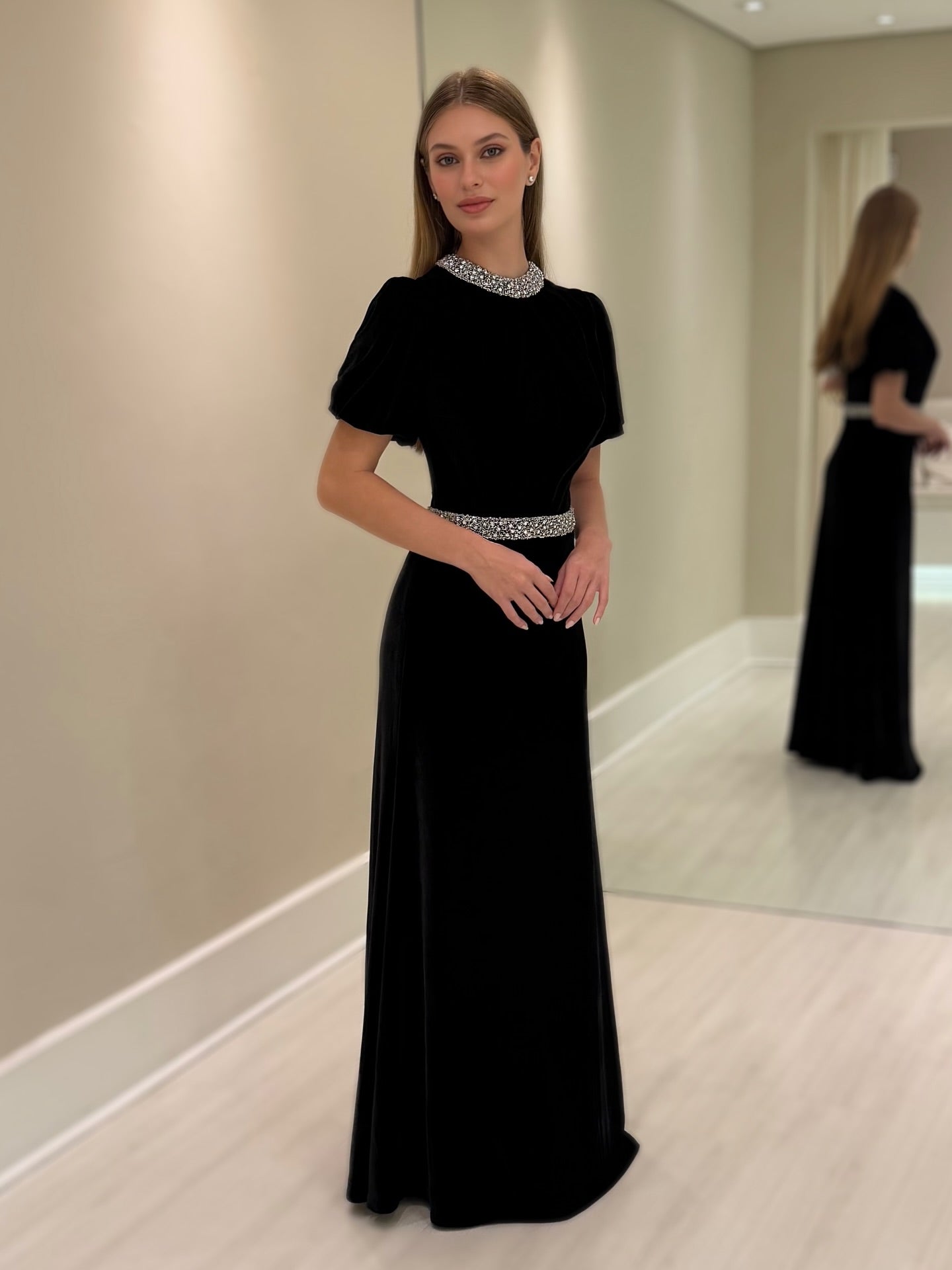 High-Neck Velvet Evening Gown with Crystal Trim