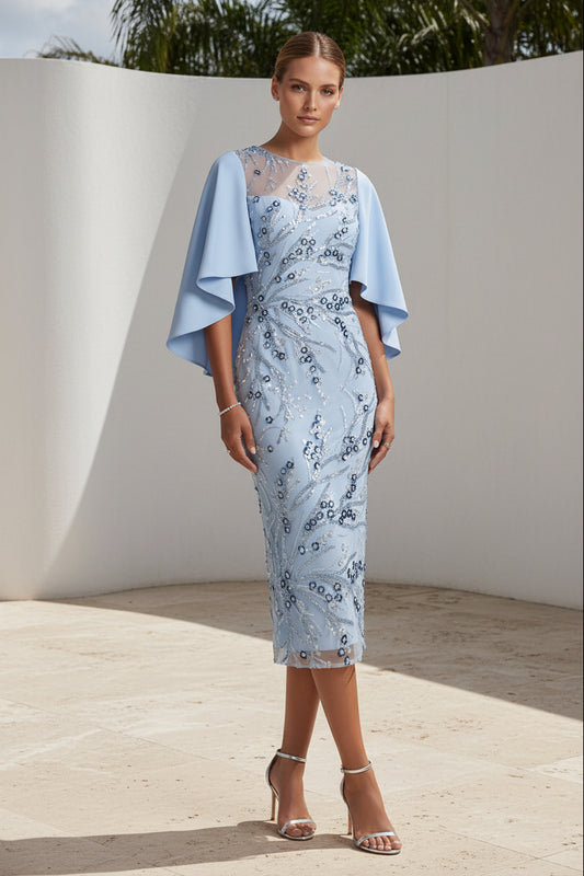 Beaded Sheath Midi Dress with Cape