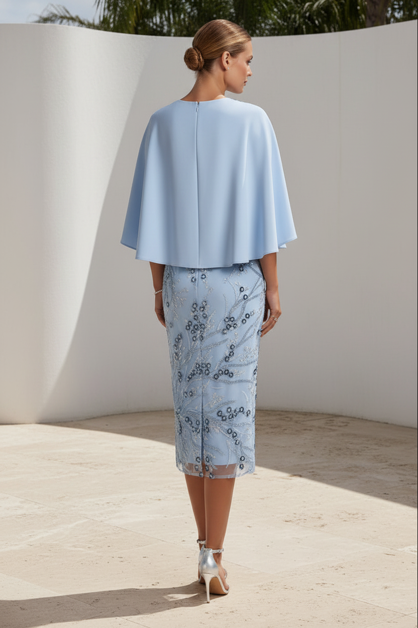 Beaded Sheath Midi Dress with Cape