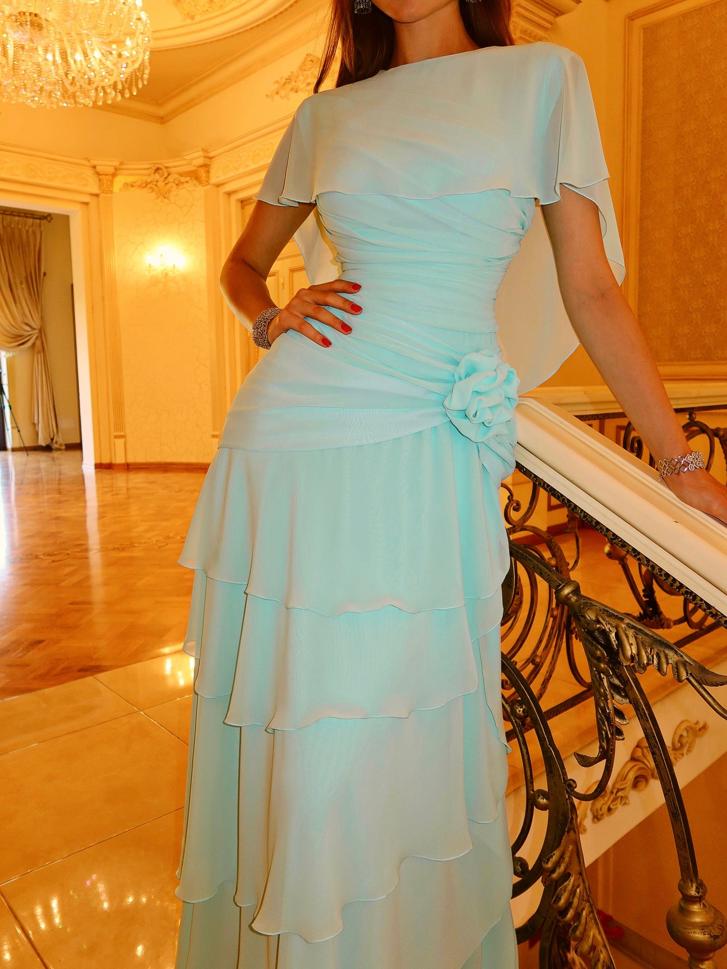Tiered Chiffon Gown with Cape Sleeves
