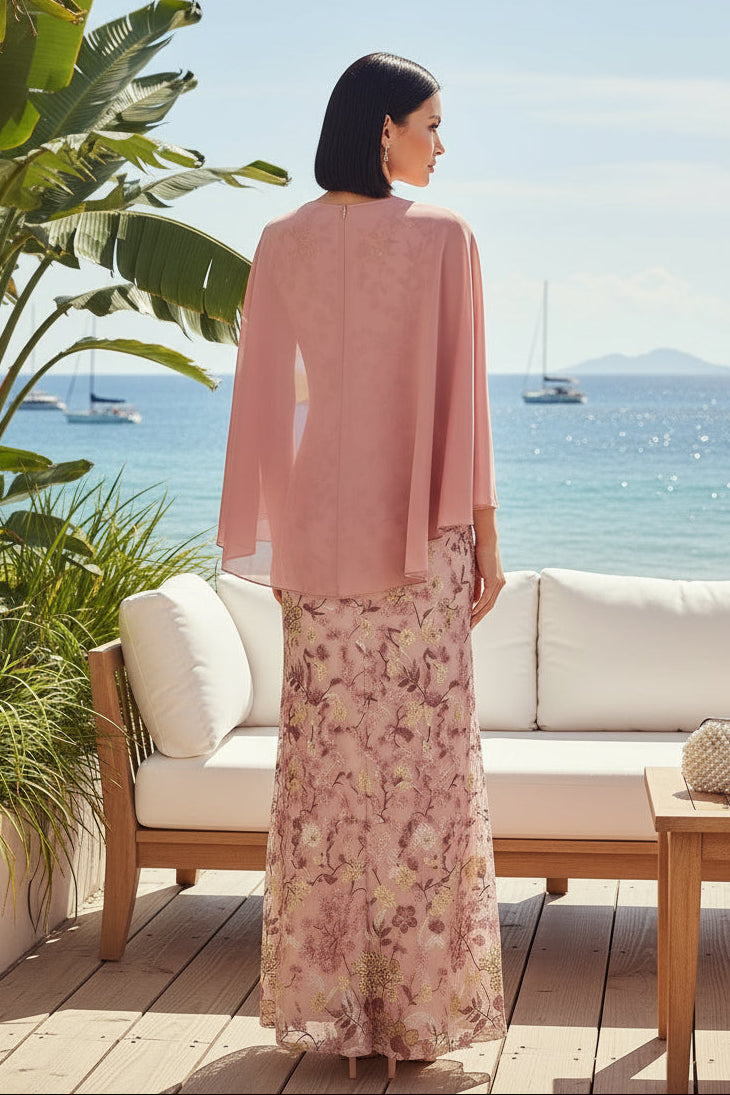 Floral Embroidered Gown with Chiffon Cape Sleeves
