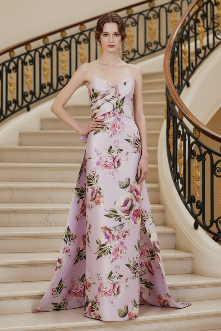 Strapless Floral Gown with Oversized Back Bow