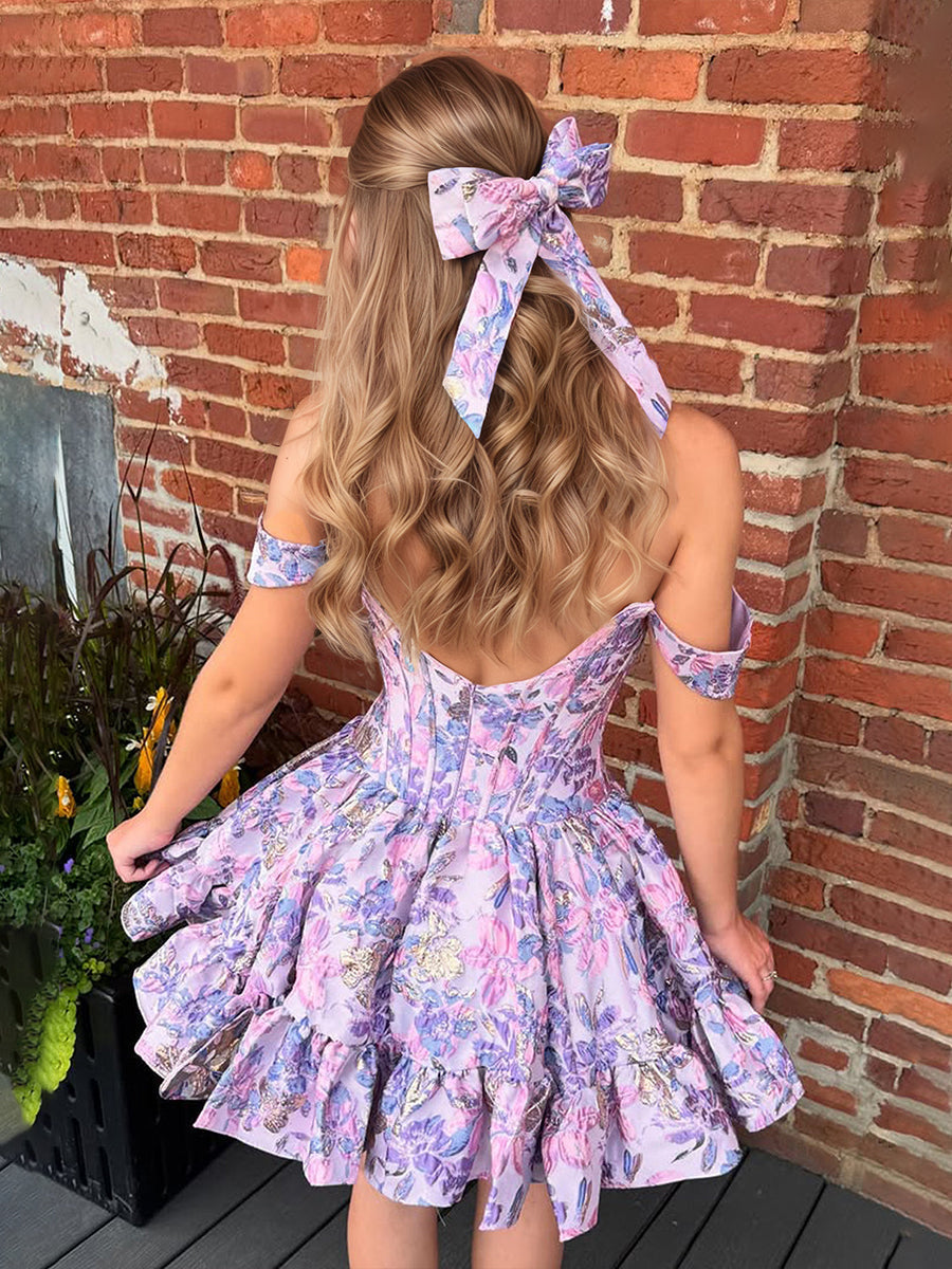Off-the-Shoulder Floral Jacquard Corset Mini Dress