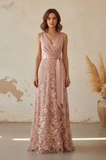 A-Line Lace Evening Gown with Satin Wrap Bodice