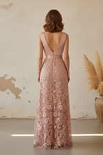 A-Line Lace Evening Gown with Satin Wrap Bodice