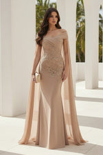 Off-Shoulder Cape Sleeve Lace Applique Evening Gown