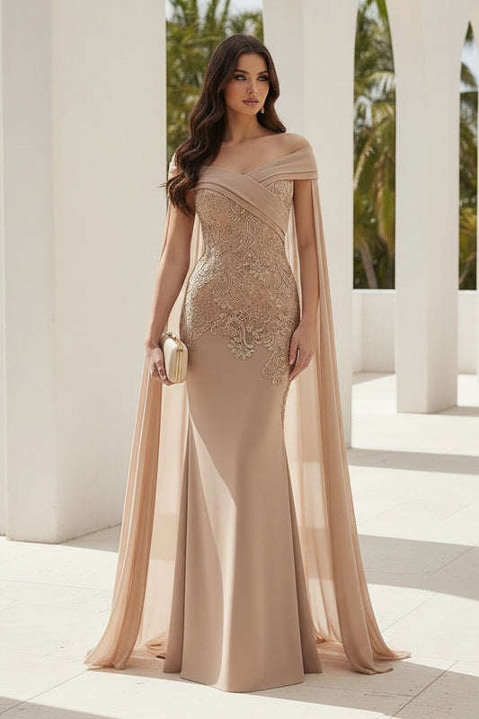 Off-Shoulder Cape Sleeve Lace Applique Evening Gown