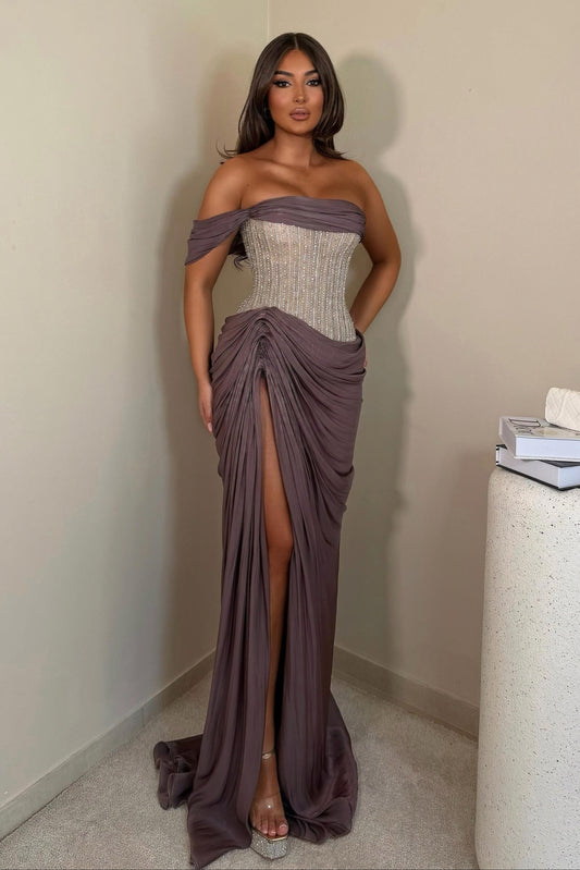 Beaded Corset Draped Slit Evening Gown