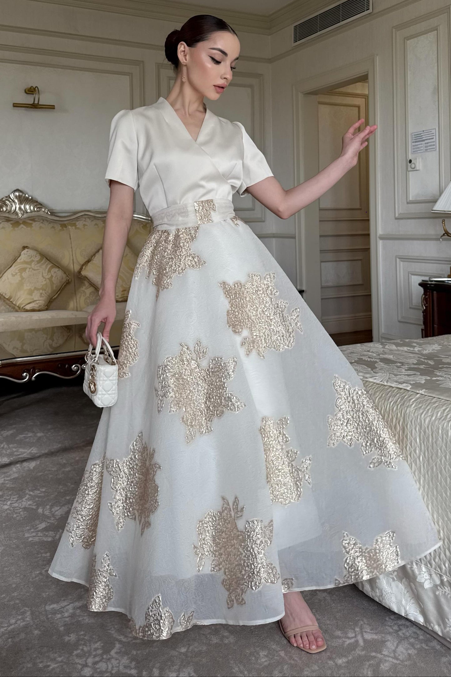 A-Line Wrap Bodice Midi Dress with Floral Appliques