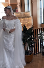 Lace Applique Off-the-Shoulder Cape Wedding Dress