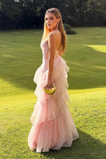 One-Shoulder Tiered Ruffle Tulle Evening Gown