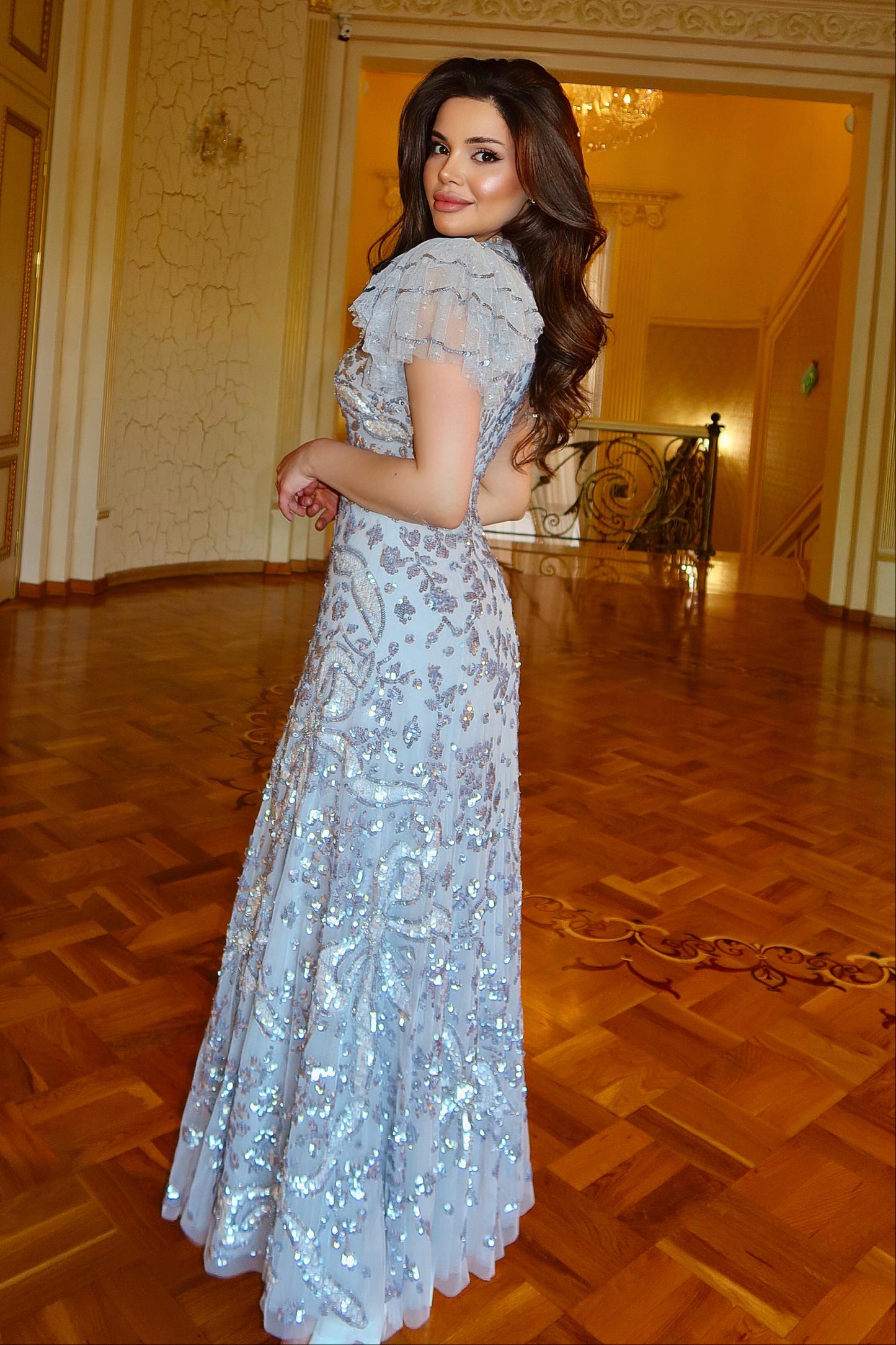 A-Line Sequin Tulle Evening Gown with Ruffle Sleeves
