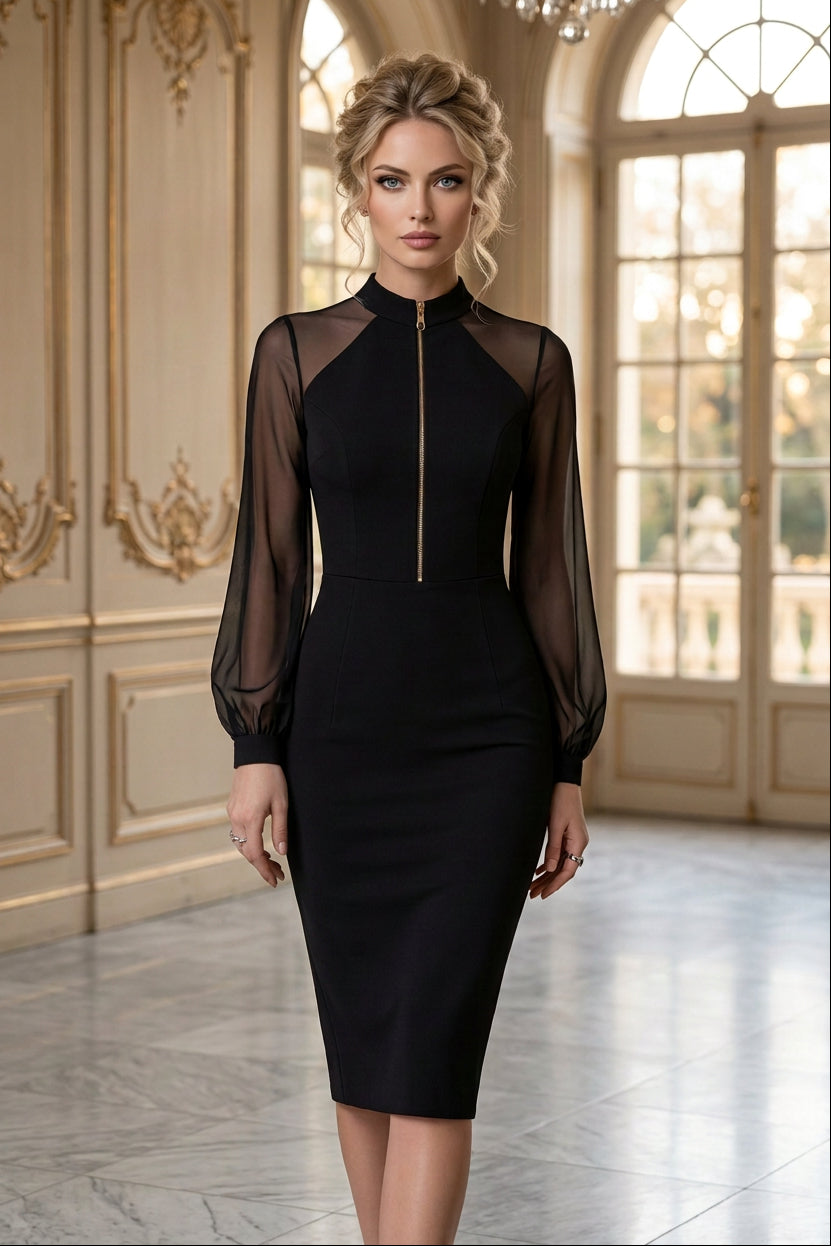 Midi Sheath Dress with Sheer Balloon Sleeves