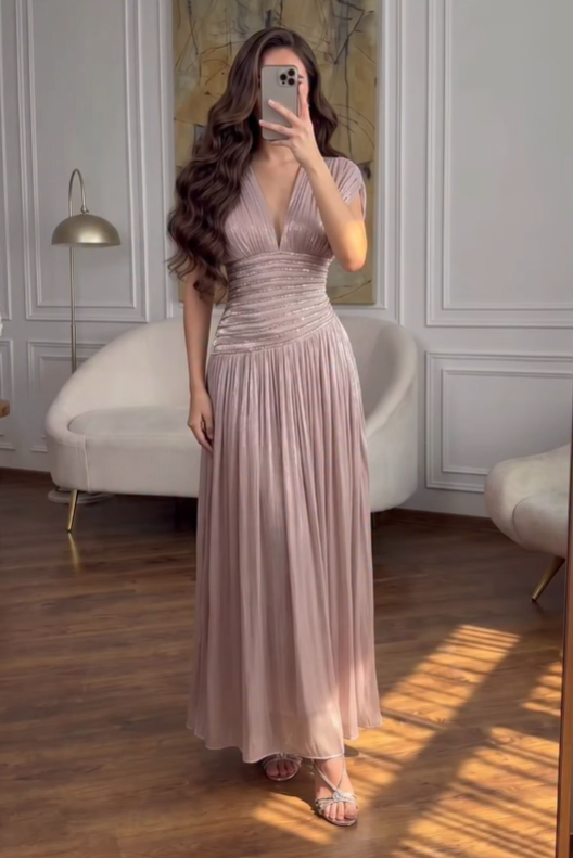 Pleated Deep V-Neck Beaded Waist Maxi Gown