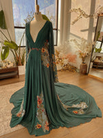 Deep V-Neck Long Sleeve Boho Floral Chiffon Gown