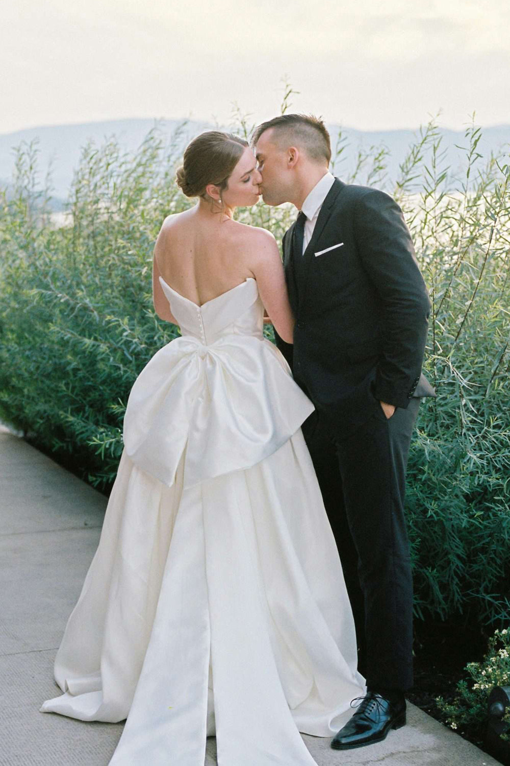 Strapless Ruched Satin A-Line Wedding Dress with Back Bow