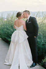 Strapless Ruched Satin A-Line Wedding Dress with Back Bow